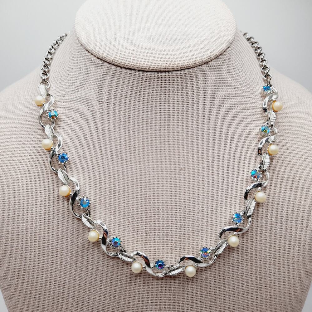 Vintage AB Rhinestone Faux Pearl Choker Necklace 18 Inch